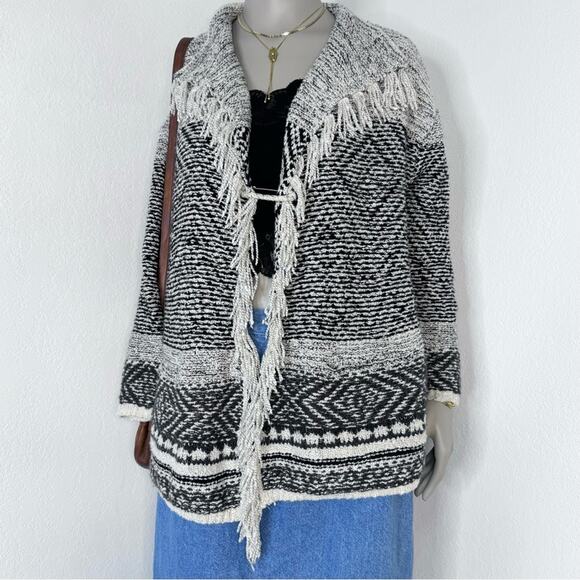 J Jill Fringe Western Boho Cardigan Sweater Wool Blend Fall Oversized Large - Picture 1 of 10